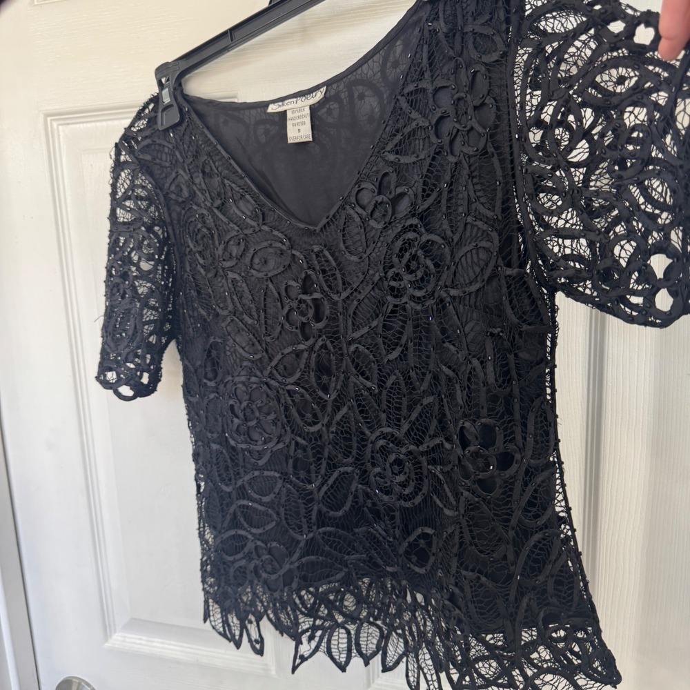 Silken Poetry 100% Silk Hand Crochet Top Womens Small - Picture 3 of 6